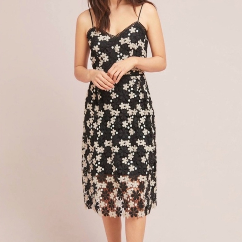 Shoshanna Black Lace Midi Dress with Cream Floral Appliqués